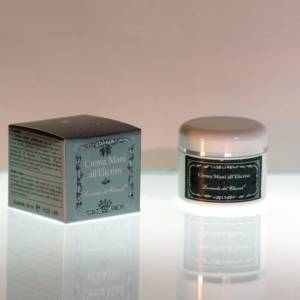 A plastic jar of hand cream with a silver line and a silver box with the inscription: "Helichrysum hand cream". Bright light background