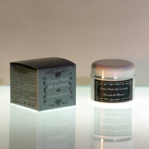 White plastic jar with silver line and dark silver label with the writing: "Lavender hand cream" and silver box with the writing: Lavanda del Chianti" on a light, gray shaded background