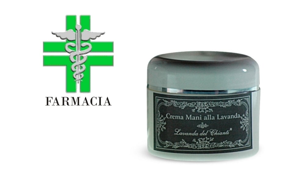 Green symbol of the pharmacy on a white field with a white pastry jar with a silver line and a silver label with the inscription: "Lavender Hand Cream" and "Chianti Lavender"
