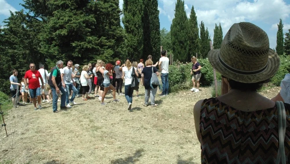 Gruppo di persone in visita guidata al roseto di Casalvento in una bella giornata di maggio. Sullo sfondo i verdi cipressi di Toscana