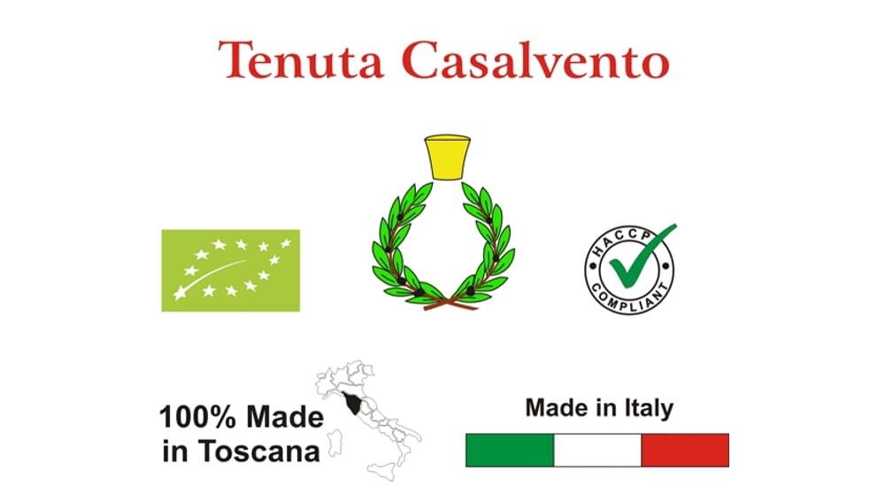 On a white background written: "Tenuta Casalvento" and the corporate symbol of a green laurel wreath with a yellow cap, a green flag with 12 stars, the symbol of organic farming and the Italian flag with black writing: "Made in Italy"