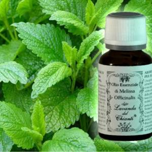 Pharmaceutical glass bottle of pure organic essential oil of Melissa on the background of leaves