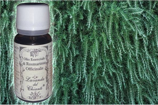 Flacone in vetro farmaceutico di puro olio essenziale biologico di Rosmarino sullo sfondo di fiori e rametti