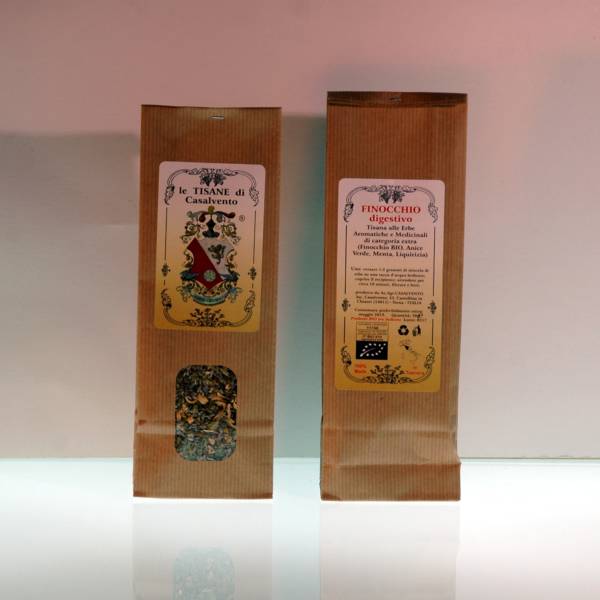 Kraft bag with inspection window of 50g herbal tea cut. Front and rear view with content inspection portholes. Casalvento heraldic label