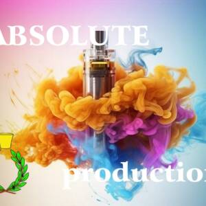 Beautiful image of colorful clouds of aromas and smells enveloping a bottle of absolute. White writing: "Production of absolutes"