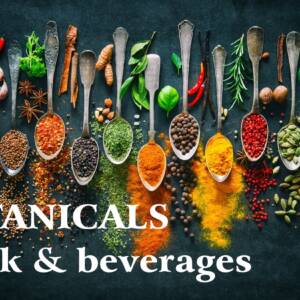 Dried, powdered or fresh aromatic herbs for food use, in liquor or distillation. White writing: "botanicals for drinks"