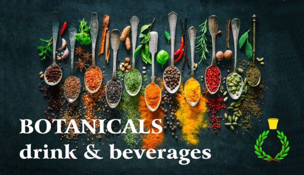 Erbe aromatiche essiccate, polverizzate o fresche per utilizzo alimentare, in liquoreria o distillazione. Scritta bianca: "botaniche per bevande"